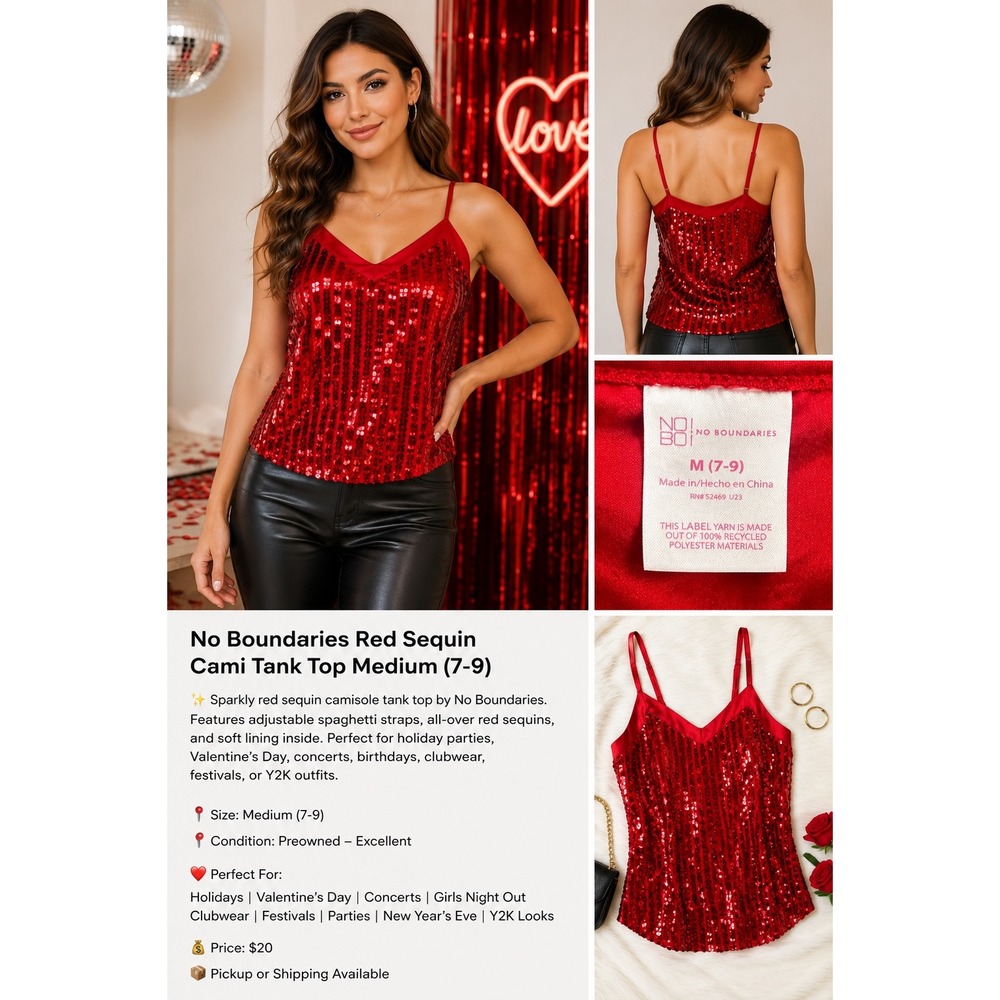 No Boundaries Womens Red‎ Sequin Cami Tank Top V-Neck Adjustable Medium 7-9